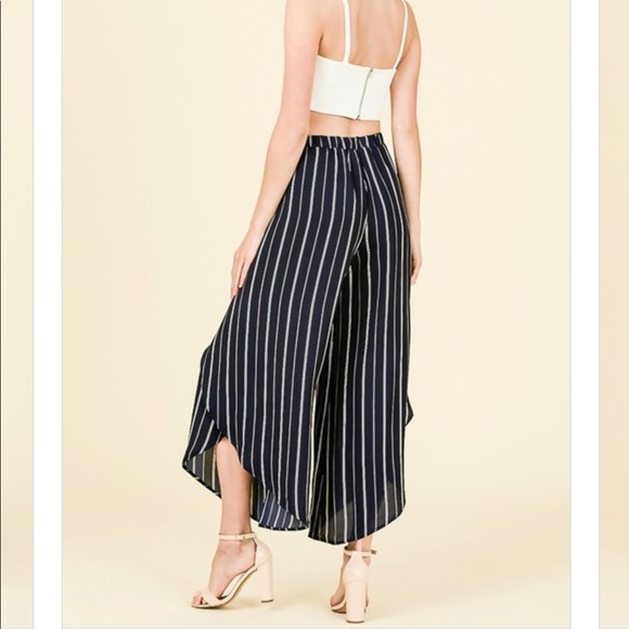 STRIPE PRINT WRAPPED PALAZZO PANTS RIBBON TIE WAIS - Picture 4 of 7